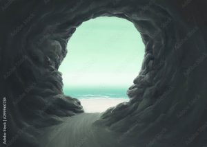 Surreal spiritual and freedom concept, Human head cave with the sea, fantasy painting